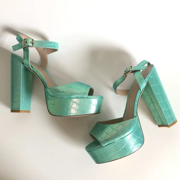 Green Capri Ice Iridescent Soft Crocodile Embossed Platform Heel Block Sandals - Picture 15 of 17